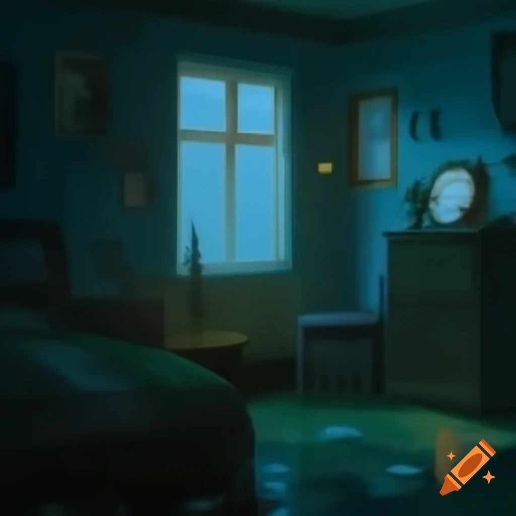 Cozy dimly lit room with vintage decor and rainy street view at night
