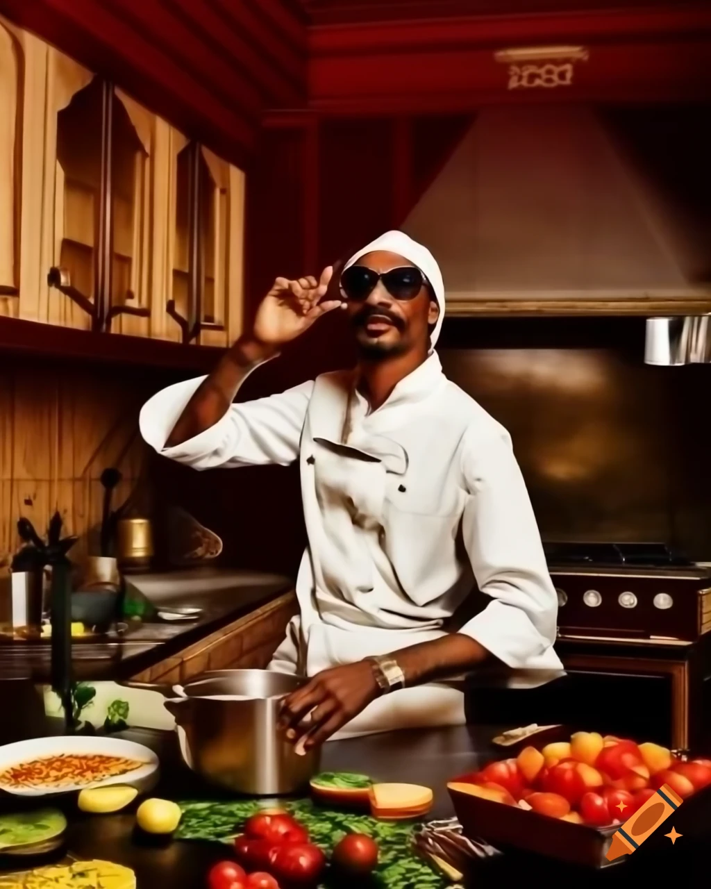Pop art portrait of Snoop Dogg as a chef in a vibrant kitchen