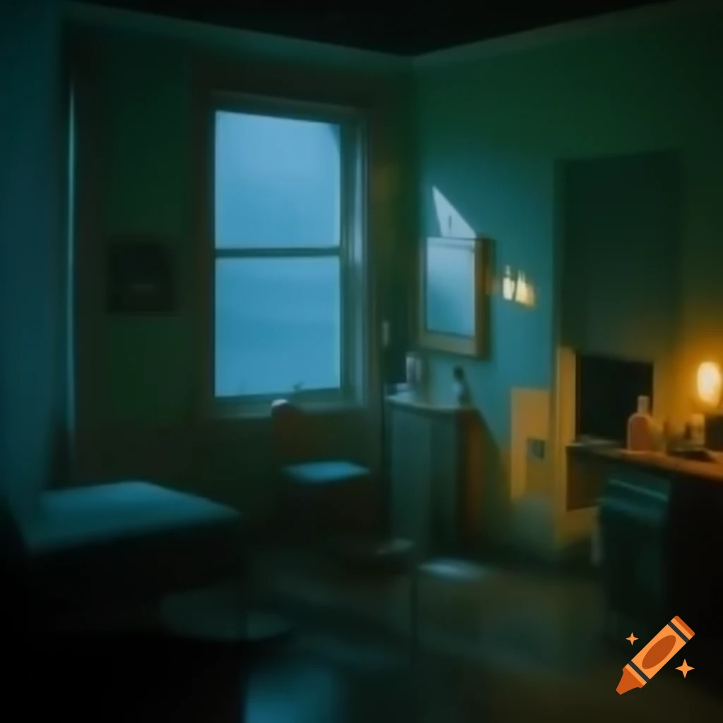 Cozy dimly lit room with vintage decor and rainy street view at night