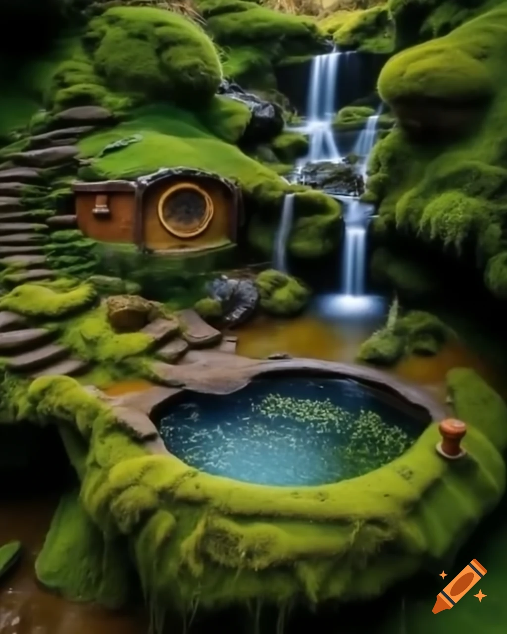 Hobbits Droping Rocks Miniature waterfall flowing over mossy rocks near a hobbit house under ...