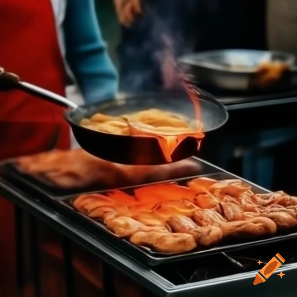 Sizzling street food being cooked on cart