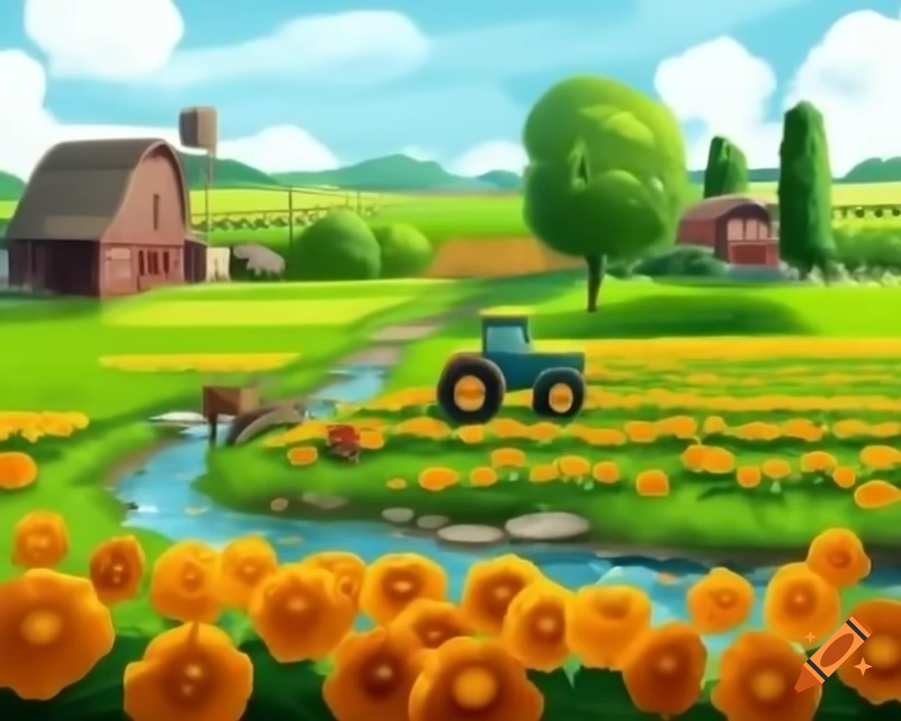 Picturesque farm with vintage tractor, creek, and rustic wooden bridge ...