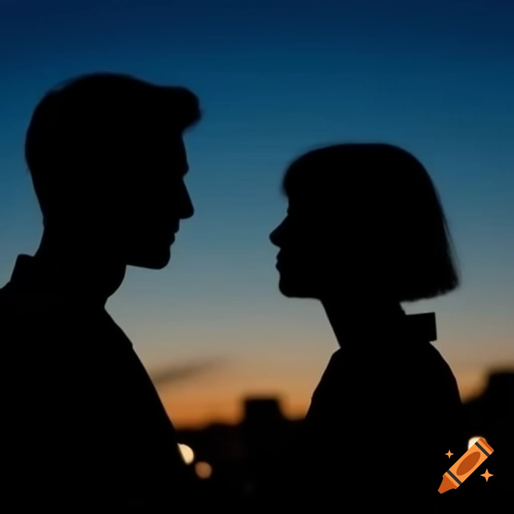 Silhouettes of man and woman standing side-by-side at dusk