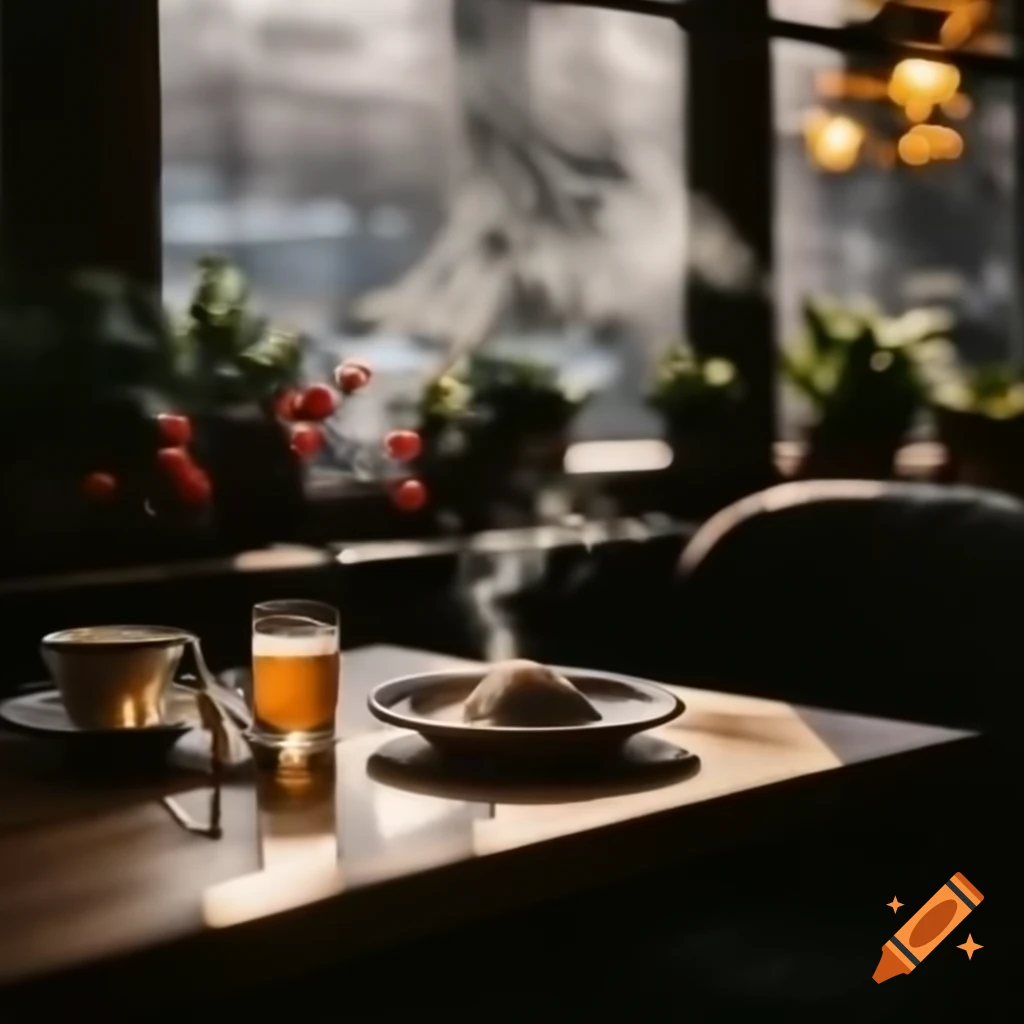 Cozy indoor restaurant scene with rustic wooden table featuring comfort food and hot beverage