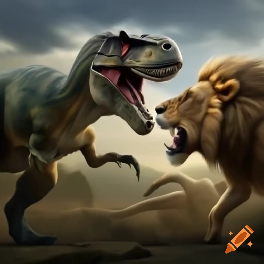 Dinosaur and lion engaged in a battle