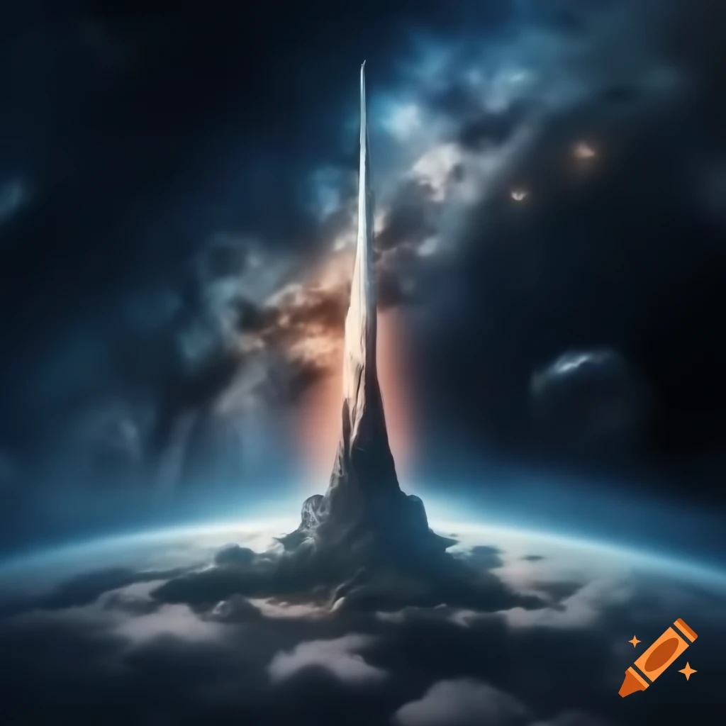 Tall tower reaching into starry sky with clouds seen from the ground