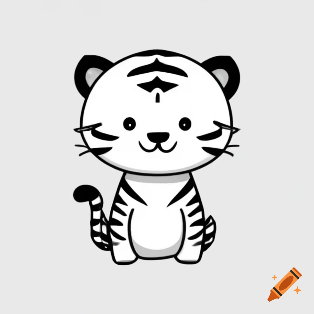Simple black and white drawing of a cute tiger