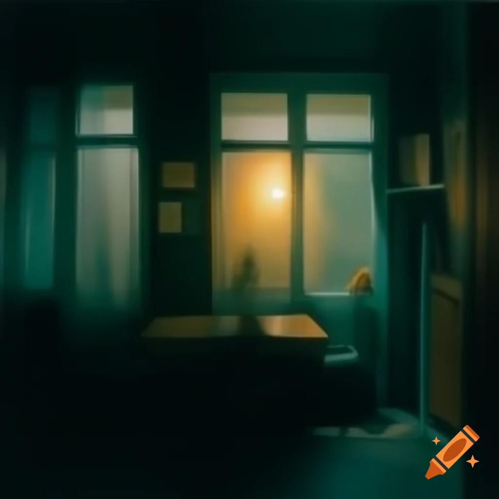 Cozy dimly lit room with vintage decor and rainy street view