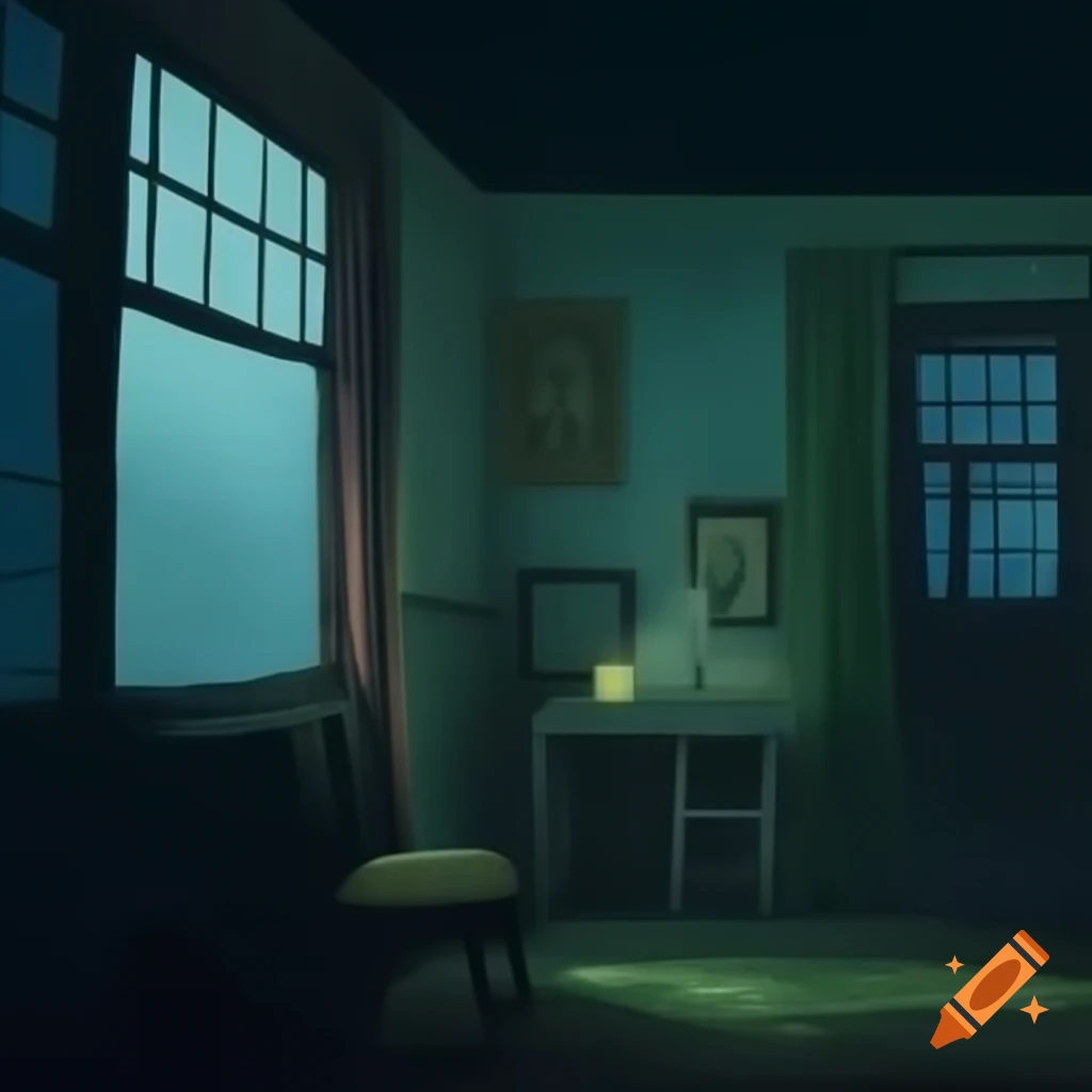 Cozy dimly lit room with vintage decor and rainy street view at night