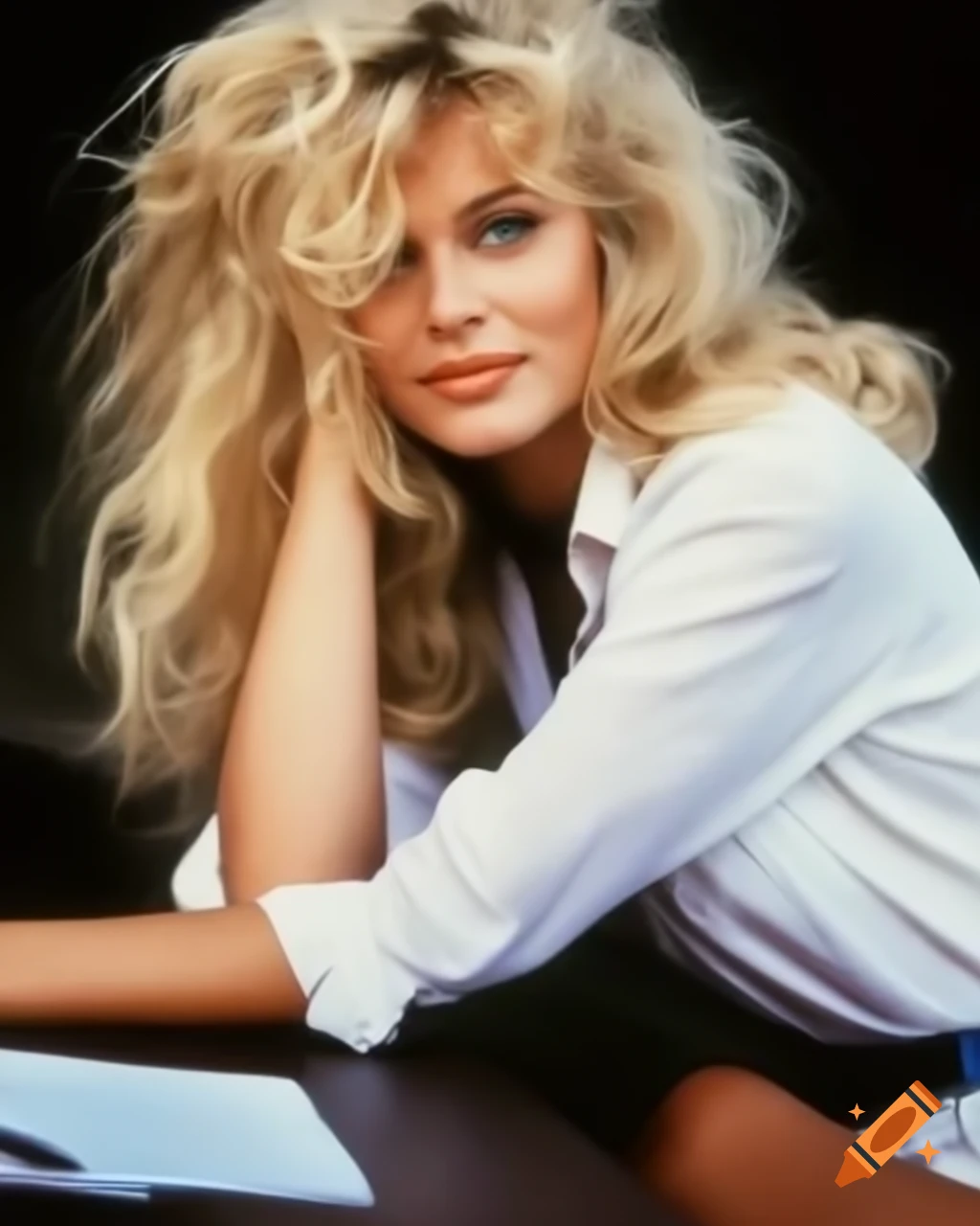 Blonde woman with 1980s hairstyle sitting at desk, smiling
