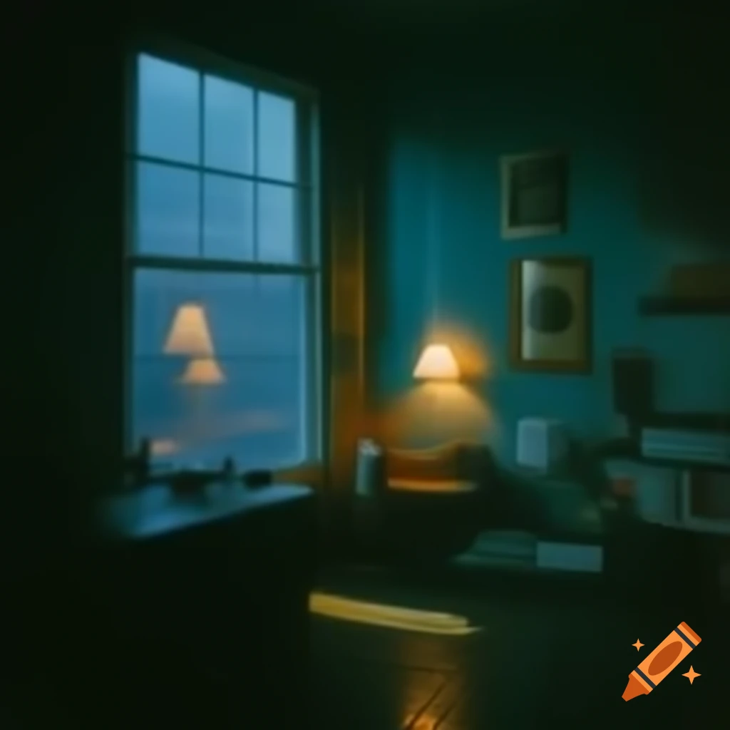 Cozy dimly lit room with vintage decor and rainy street view at night