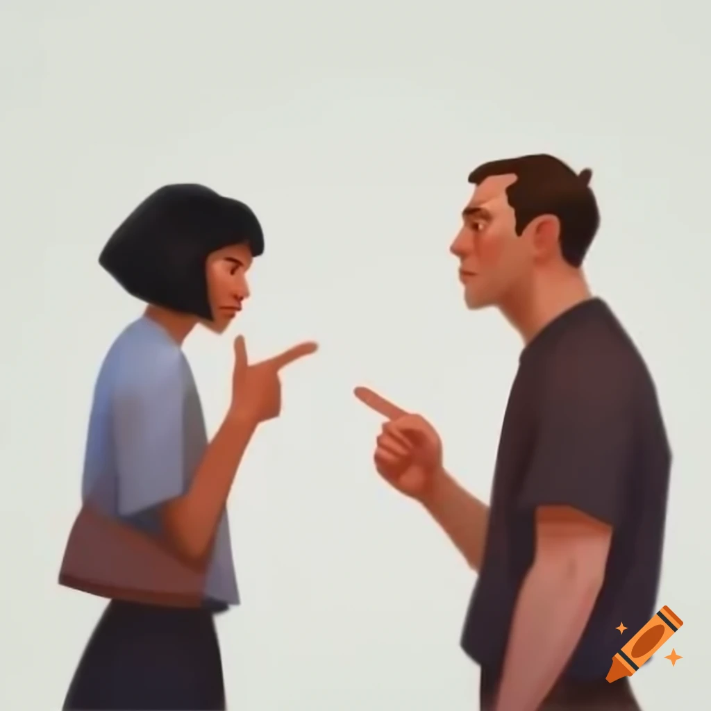 Man and woman arguing with gestural expressions on white background
