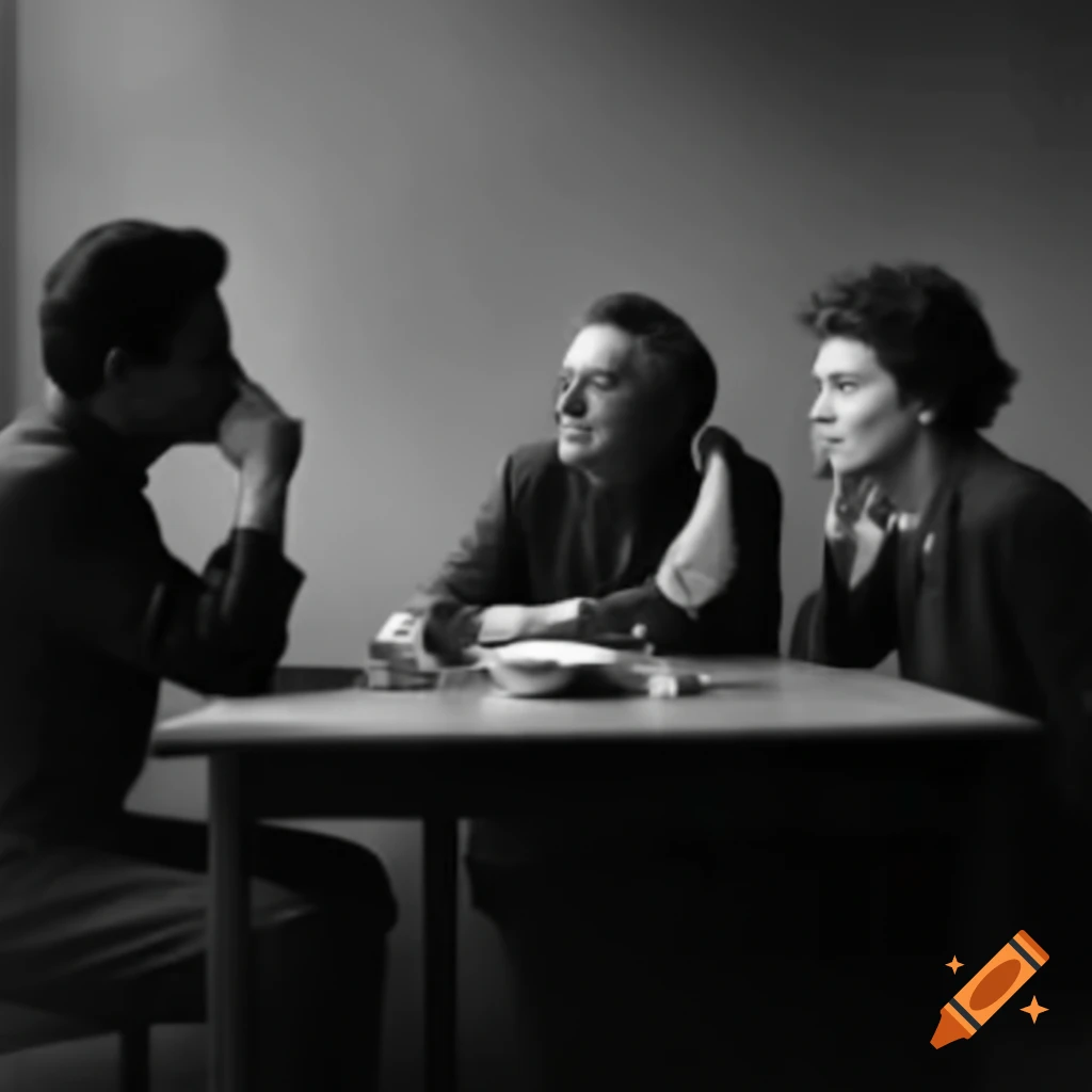 Group of three people engaged in conversation around a table