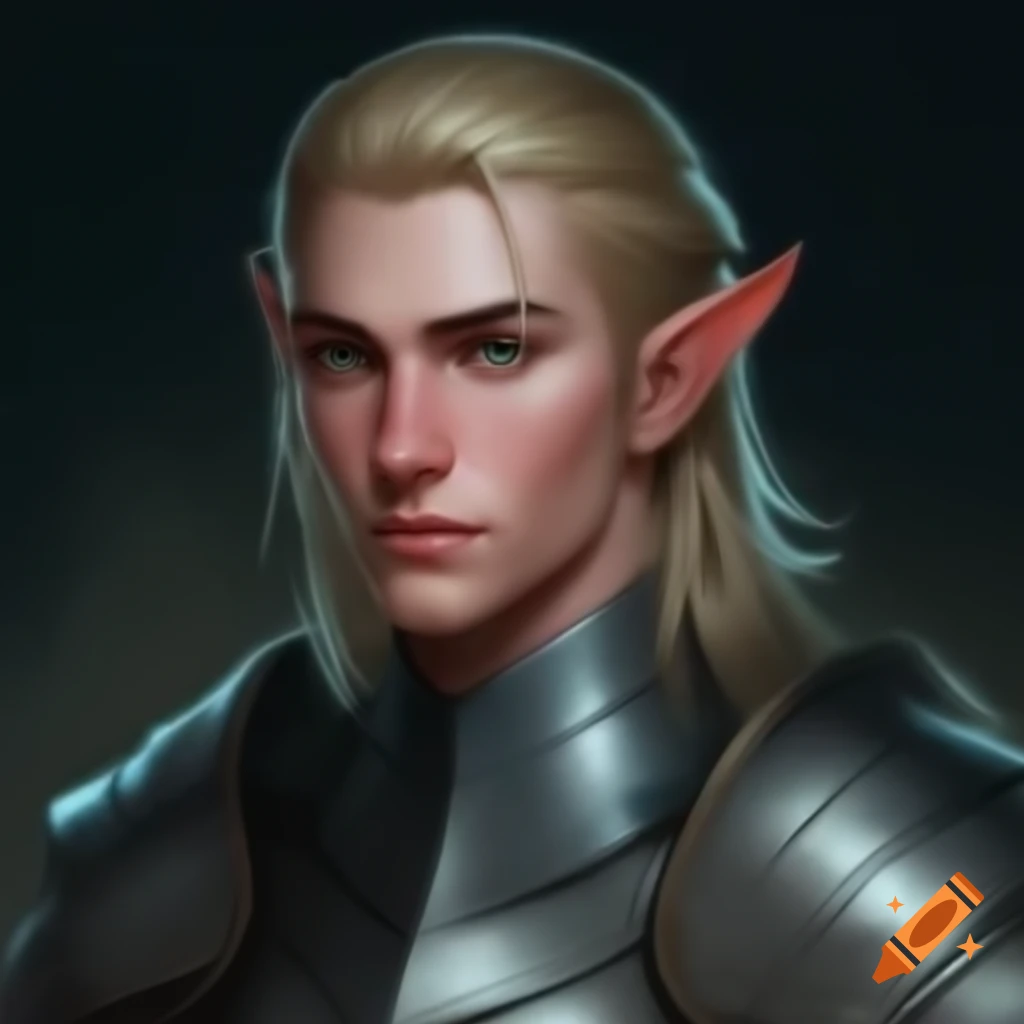 Portrait of young male elf knight in silver armor on Craiyon