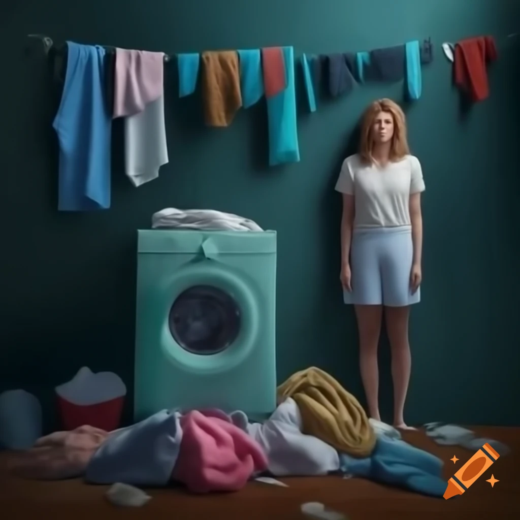 Woman bewildered by overflowing washing machine with clothes