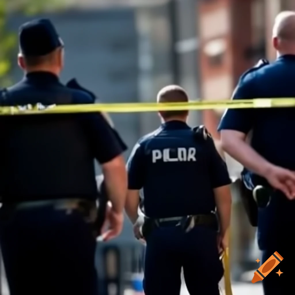 Police crime scene with tape and officers investigating
