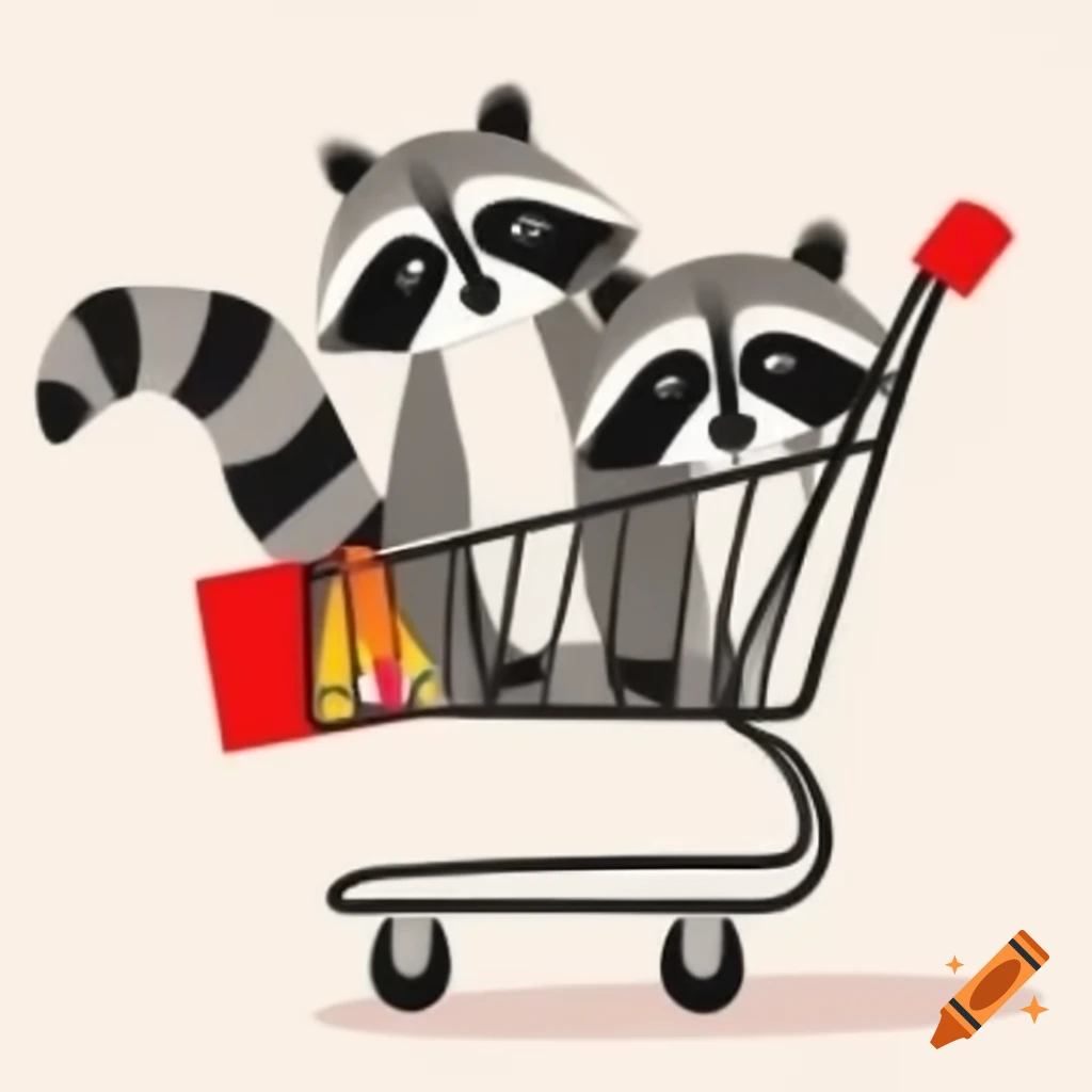 Two black and white raccoons interacting in a shopping cart
