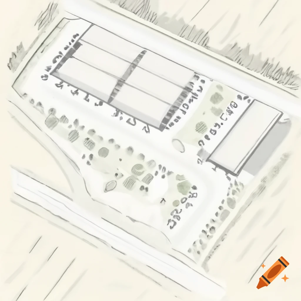 Sketch layout of large warehouses with parks, parking spaces, and roads