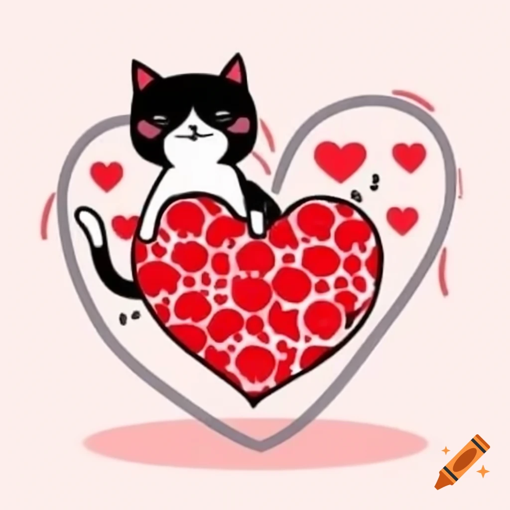 Cartoon cat for Valentine's Day with red hearts, black and white illustration