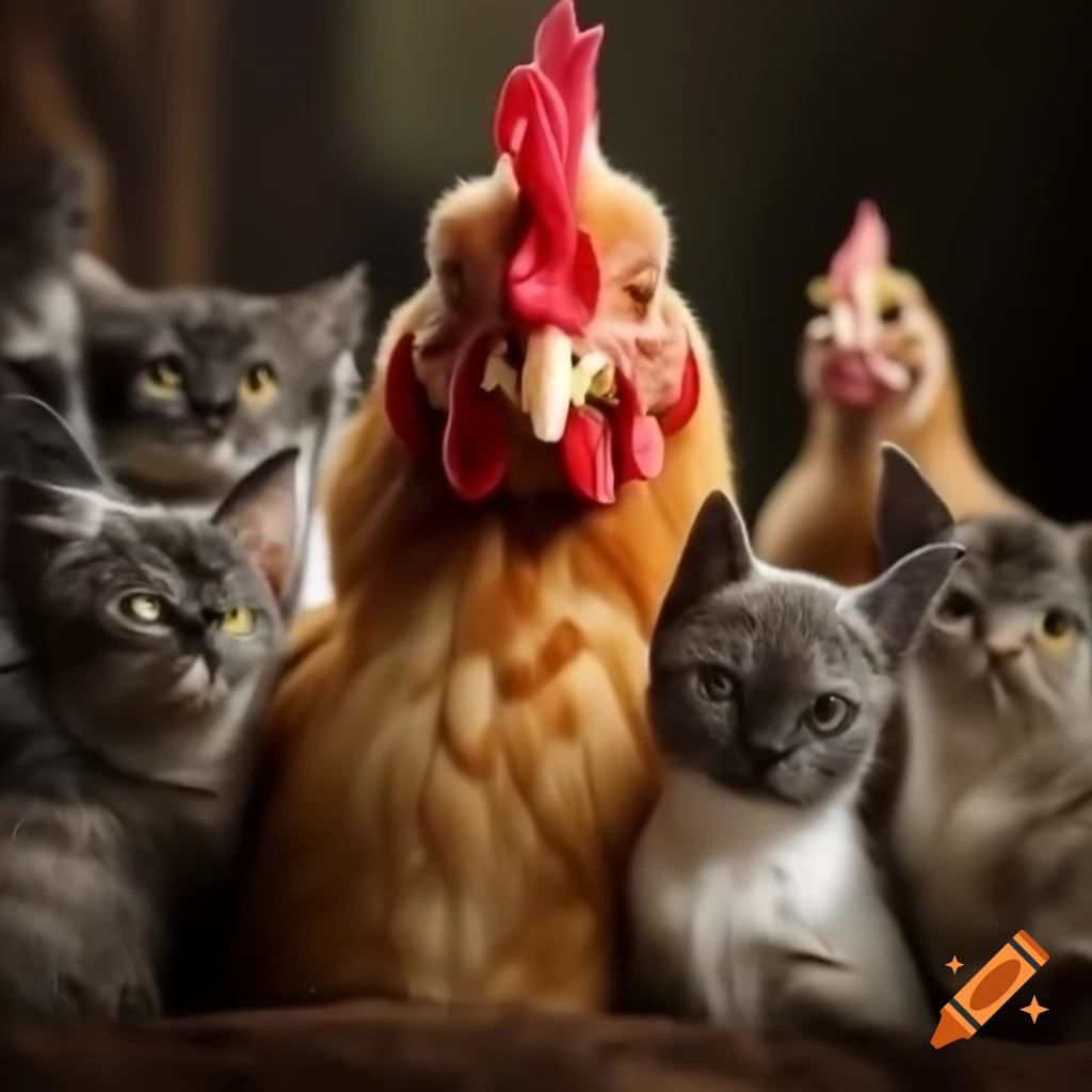 Cats interacting playfully with chickens