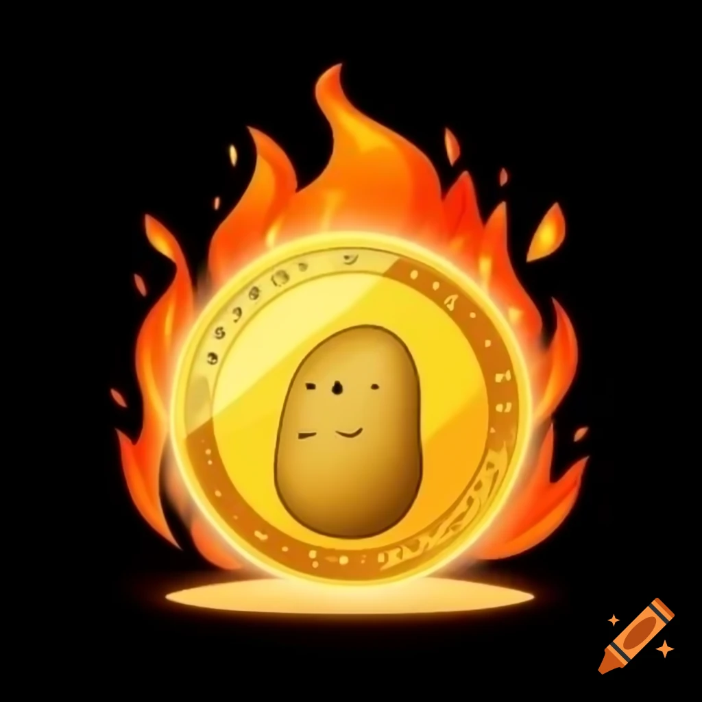 Cartoon potato on fire inside shiny gold coin, playful digital illustration