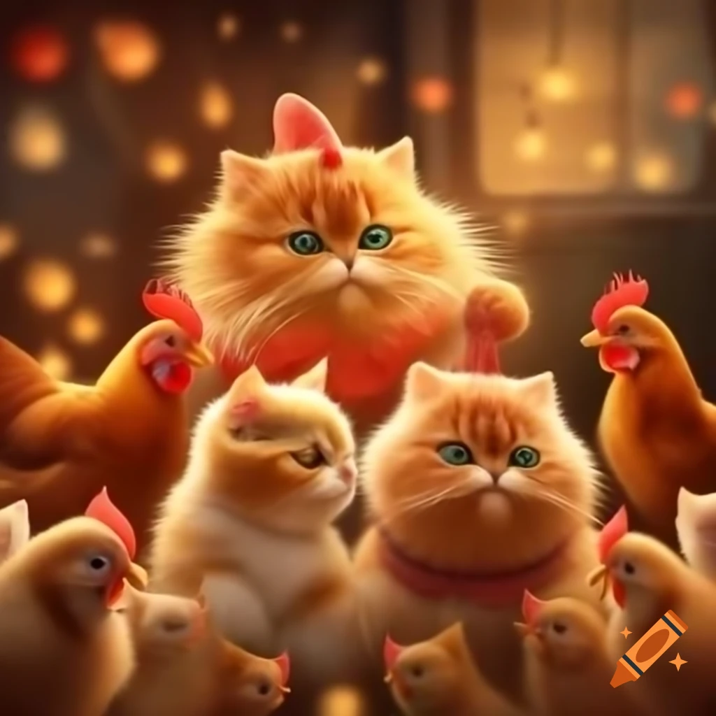 Cats having a playful celebration with chickens