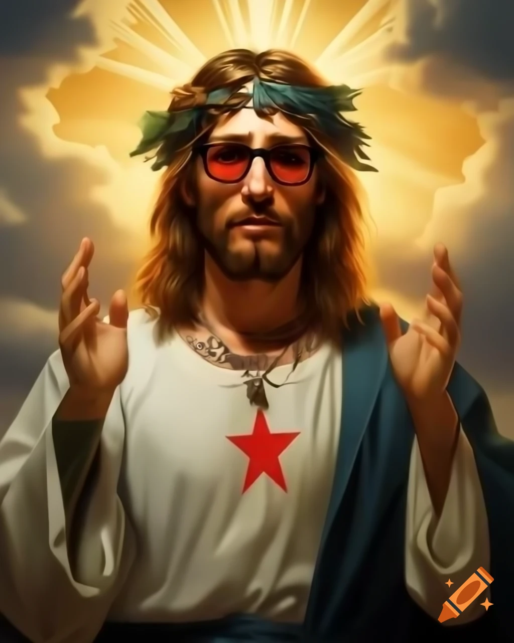 Serene figure resembling Jesus with sunglasses and tattoos in a white shirt, bathed in golden sunlight
