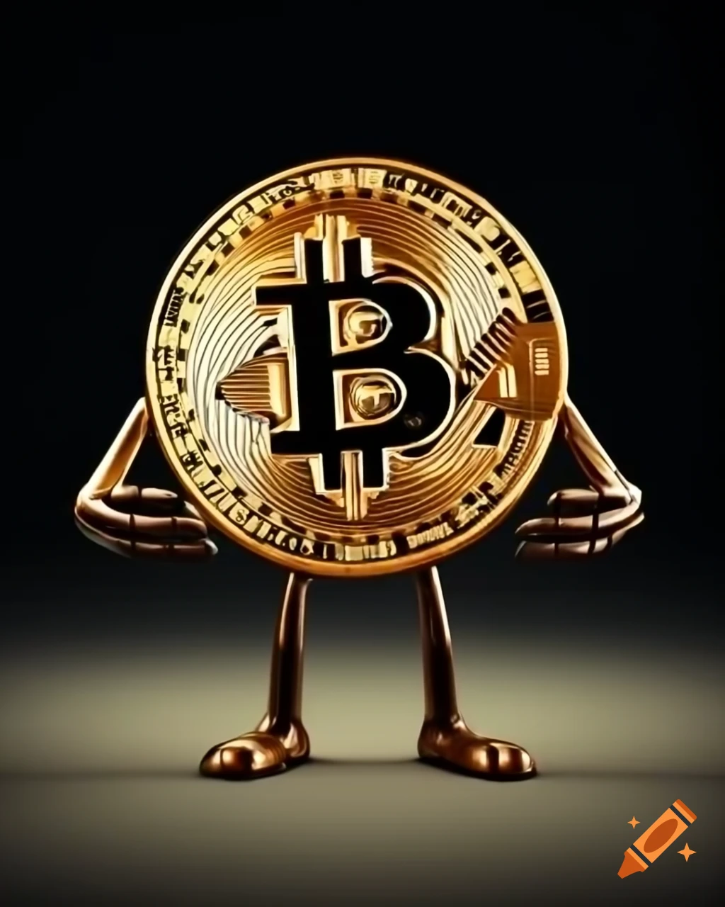 Cartoon Bitcoin character with arms and legs on Craiyon
