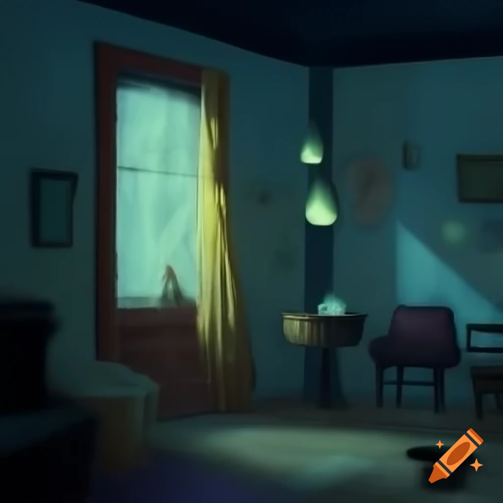Cozy dimly lit room with vintage decor and rainy street view at night