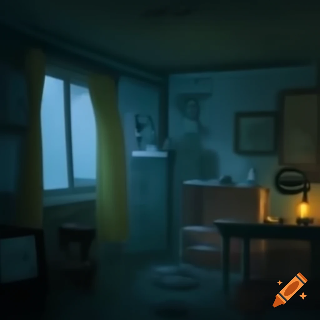 Cozy dimly lit room with vintage decor and rainy street view at night