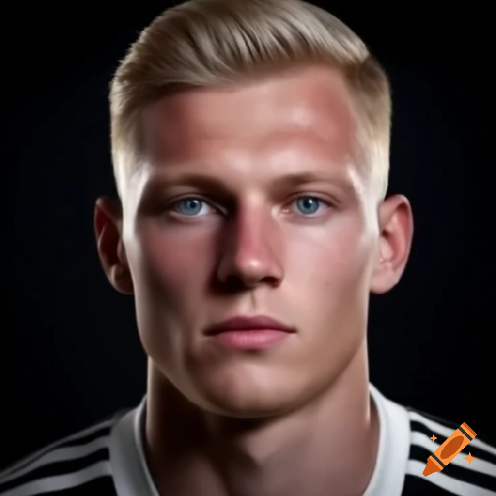 Close-up portrait of a young German footballer with blonde hair and blue eyes