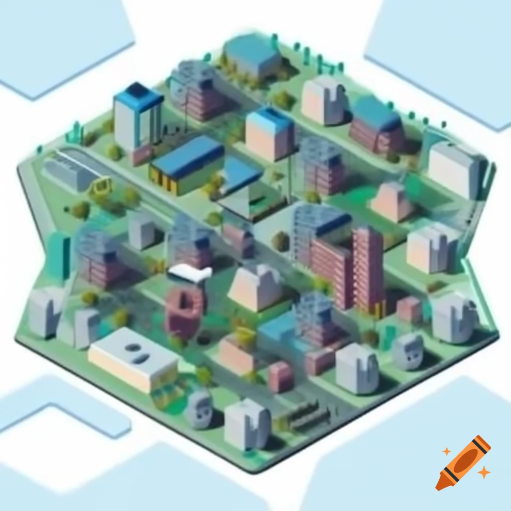 Hexagon organized city layout with multi-use buildings