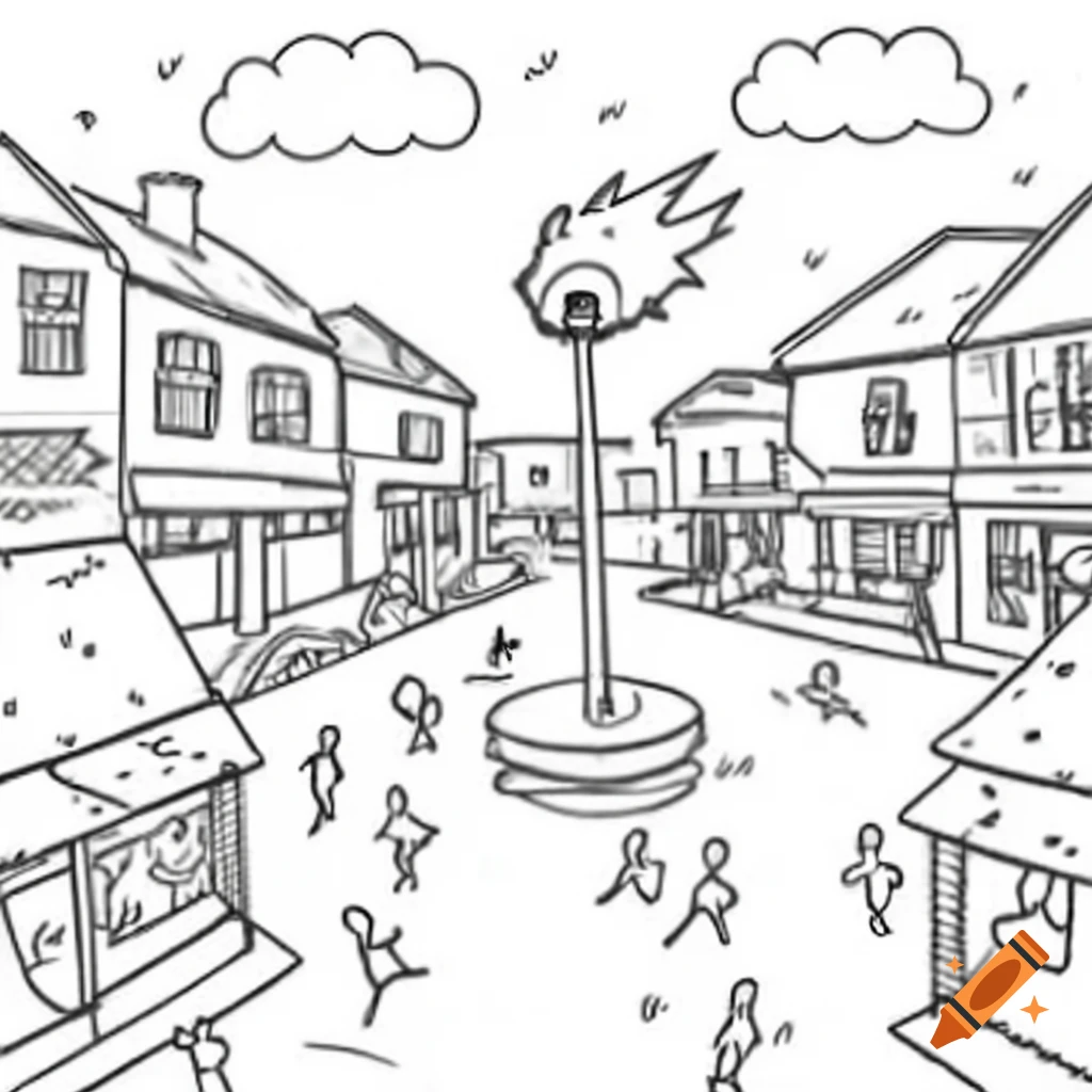 Coloring page of people in distress amid falling fire in urban setting
