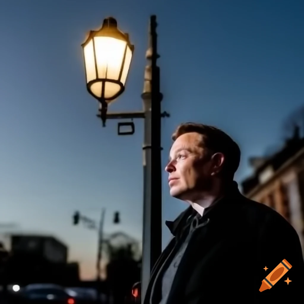 Elon musk standing behind lamp post in street setting on Craiyon