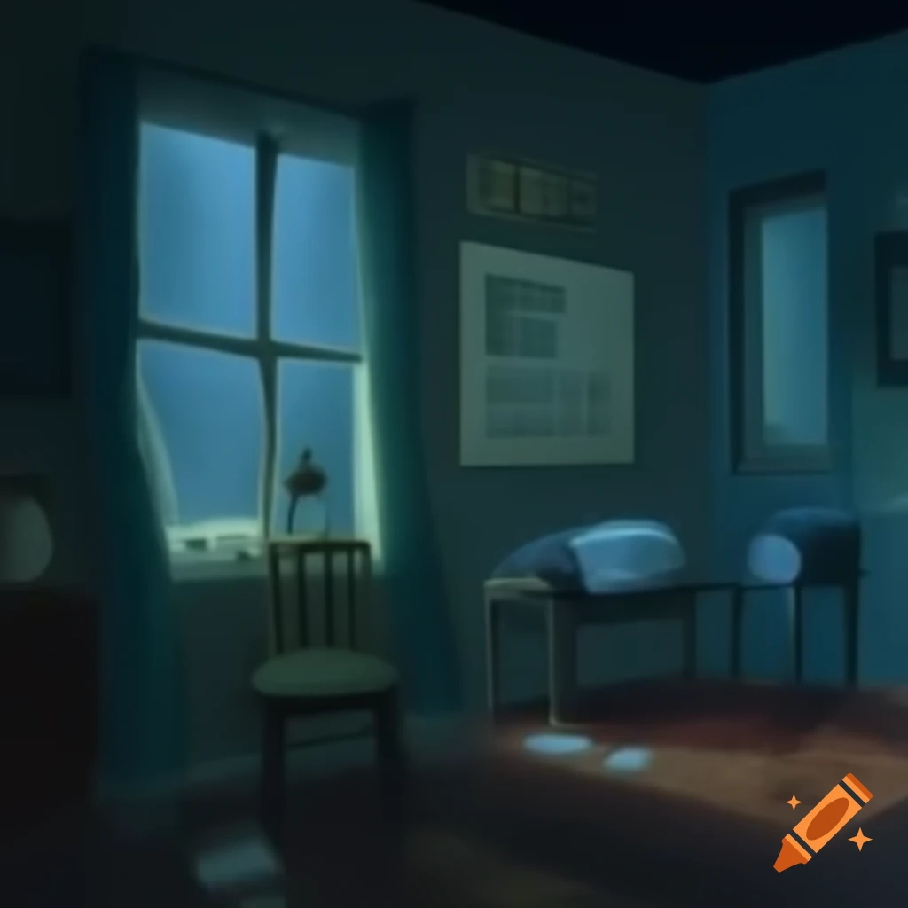 Cozy dimly lit room with vintage decor and rainy street view at night