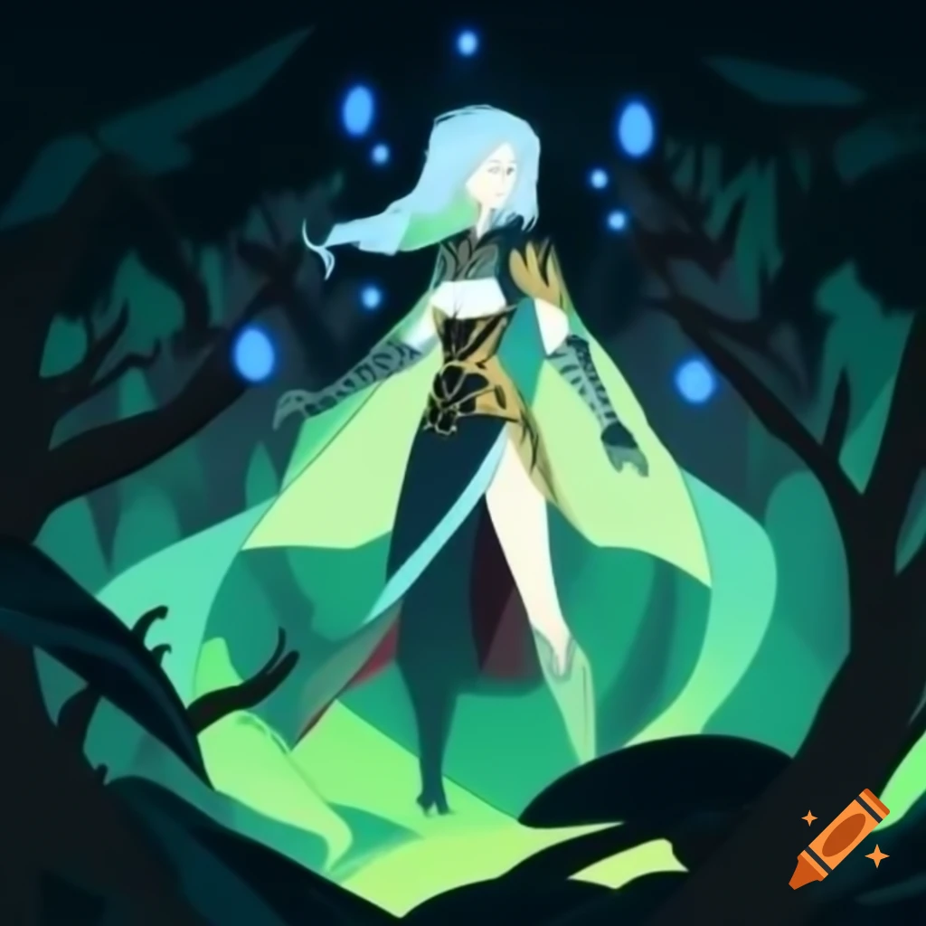 Striking woman in forest with glowing flowers illuminating her dark ...