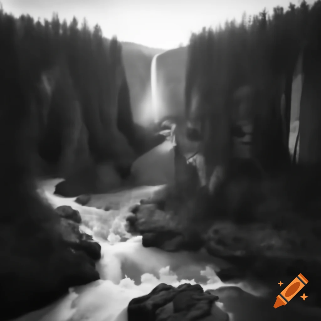 Black and white landscape of wooded river valley with high waterfall and sheer cliffs