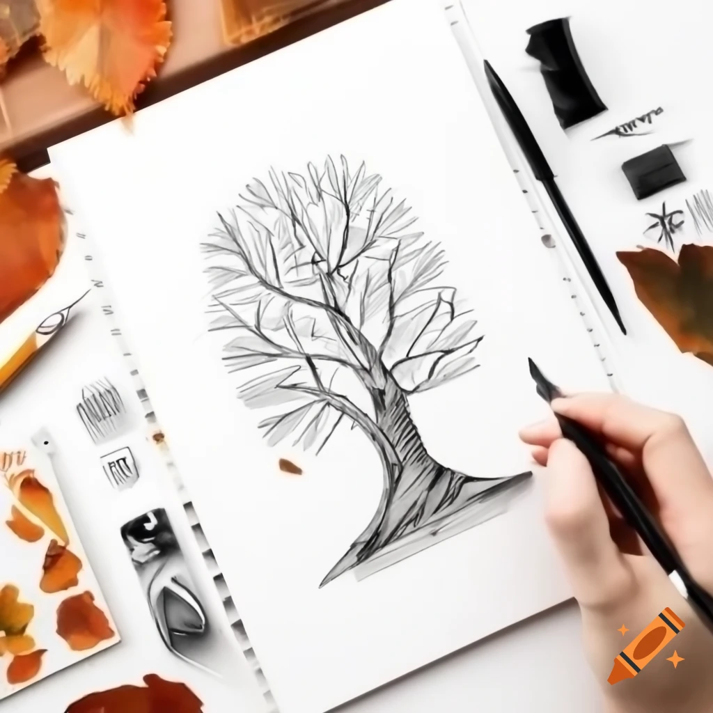 Pen and ink drawing of fall themed nature using various techniques