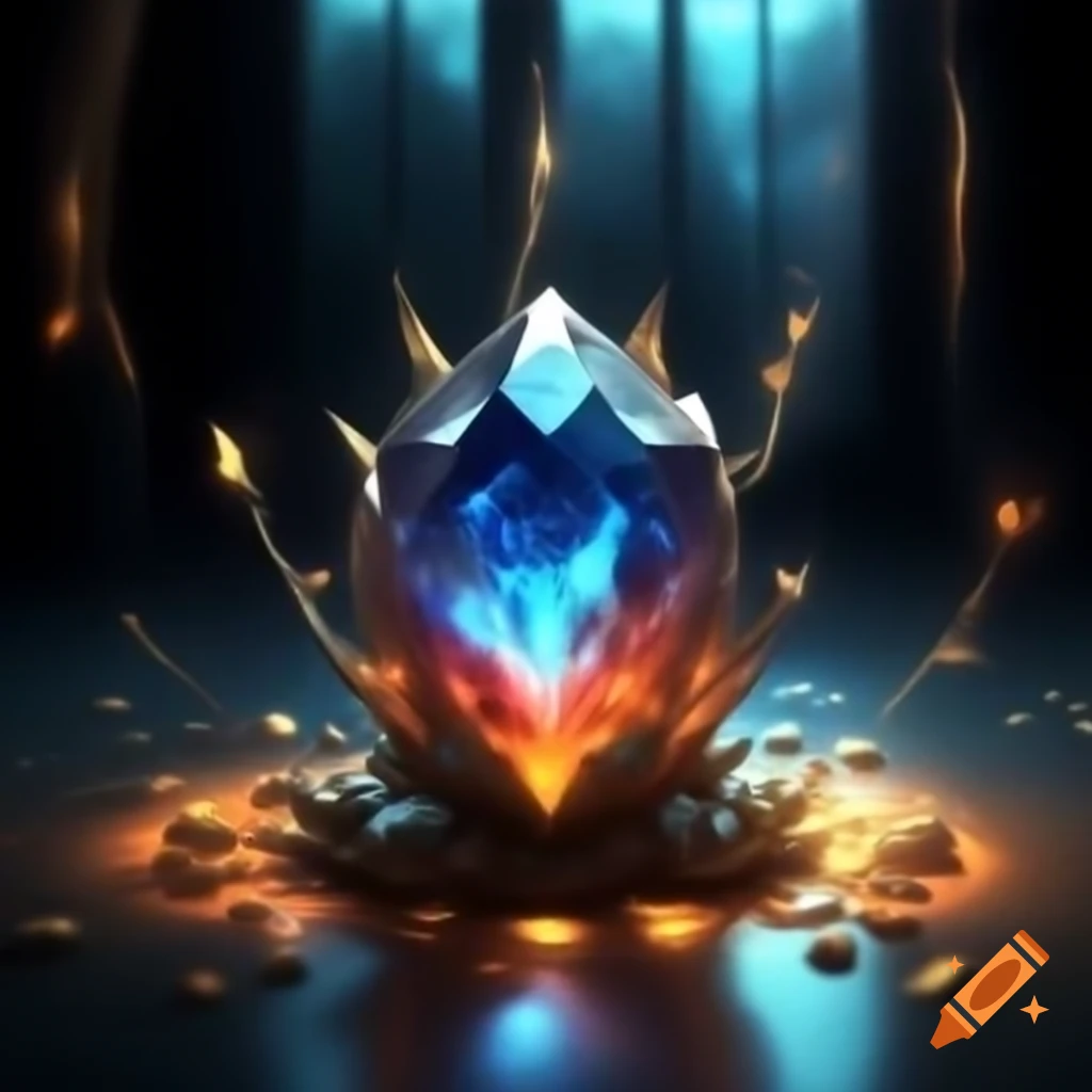 Radiant gemstone glowing with electric blue and fiery orange on minimalist backdrop