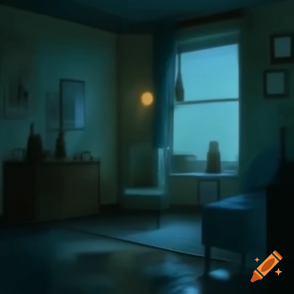 Cozy dimly lit room with vintage decor and rainy street view at night