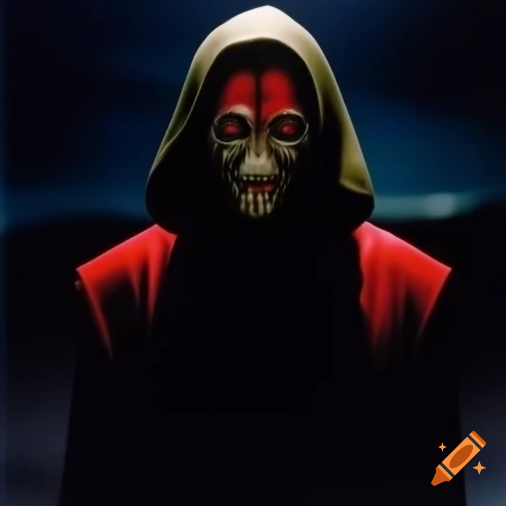 Mysterious cloaked figure silhouetted at night with dramatic red ...