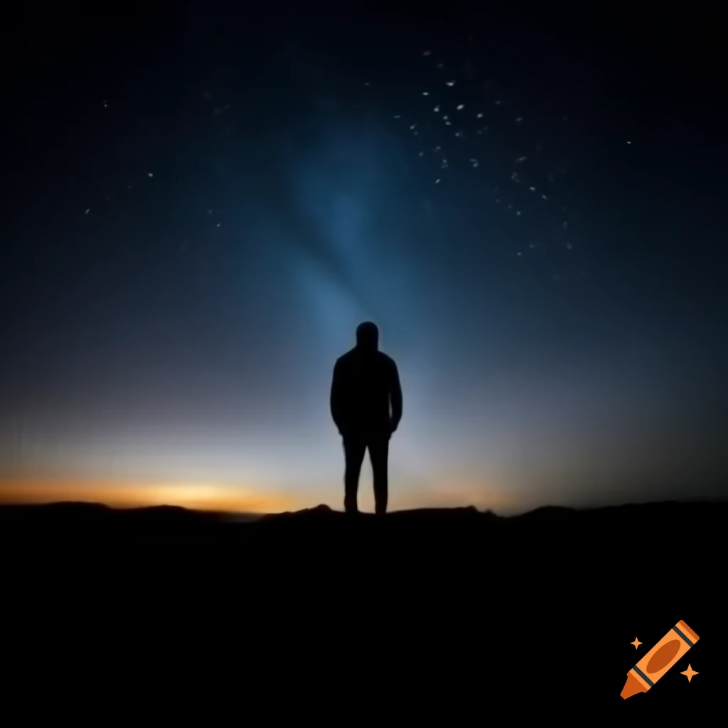 Silhouette of man gazing at starry night sky with large moon on Craiyon