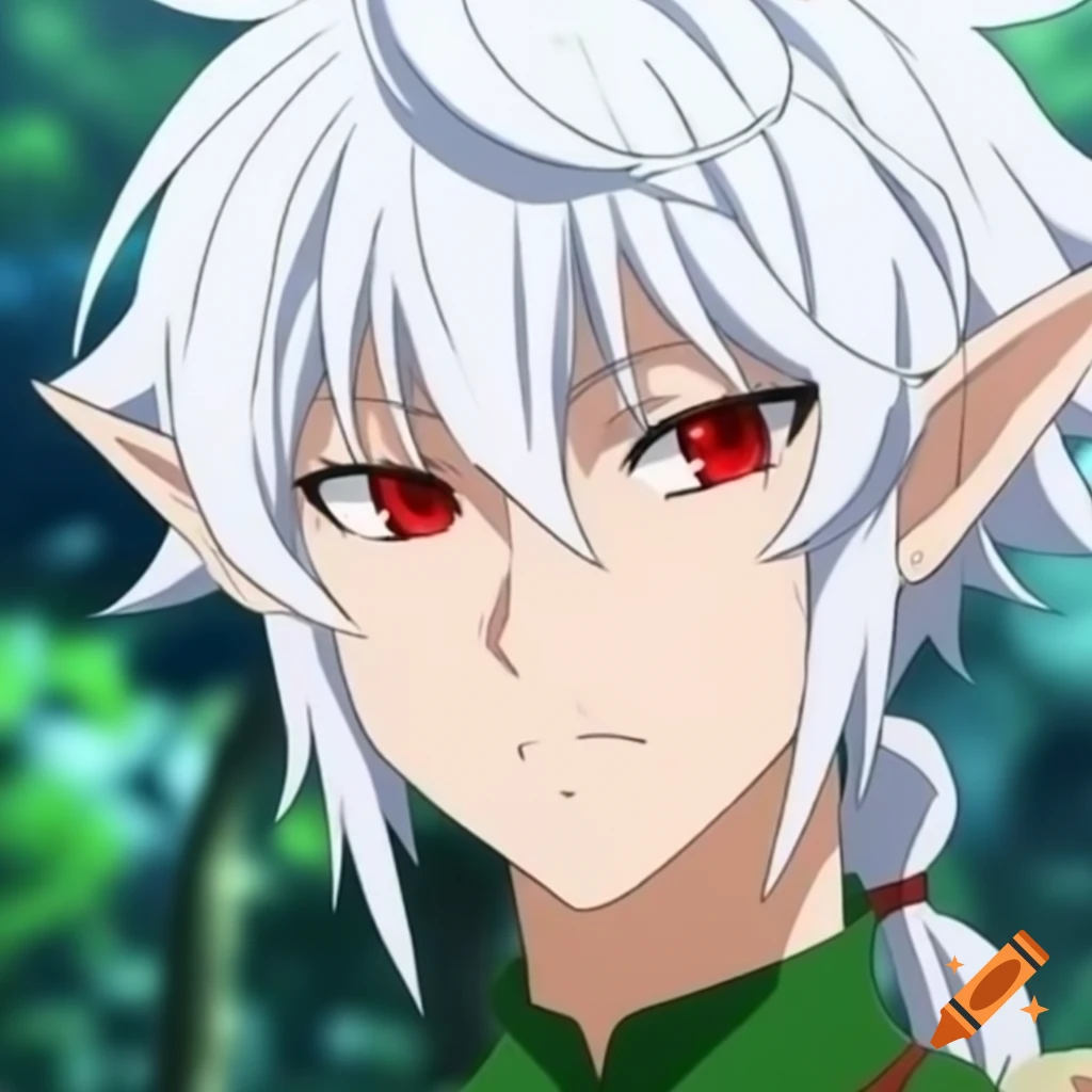 Anime elf boy with white hair and red eyes on Craiyon