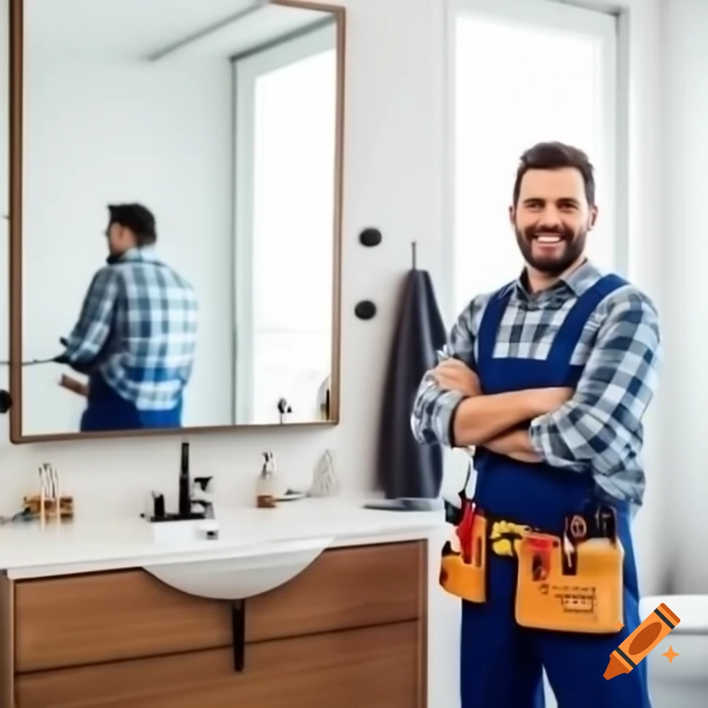 Satisfied customer with plumber in modern bathroom after repair