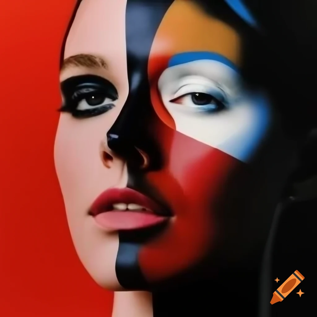 Abstract artwork featuring black, red, and white colors with mixed red and white framed in black