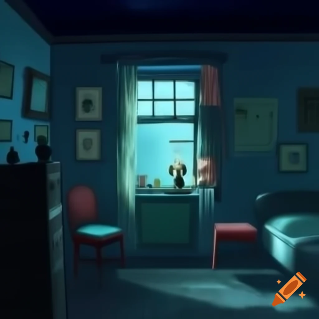 Cozy dimly lit room with vintage decor and rainy street view at night