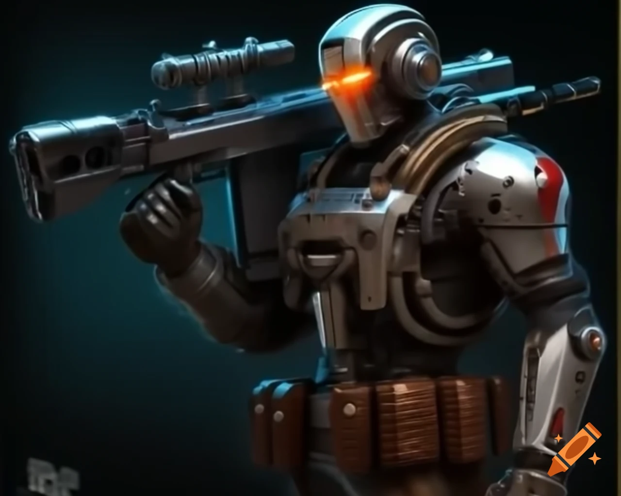 Chrome-plated cyborg mercenary with glowing eye and massive firearm, 90s style