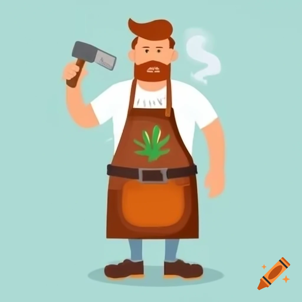 Man in leather apron wielding hammer and smoking, clogs on feet