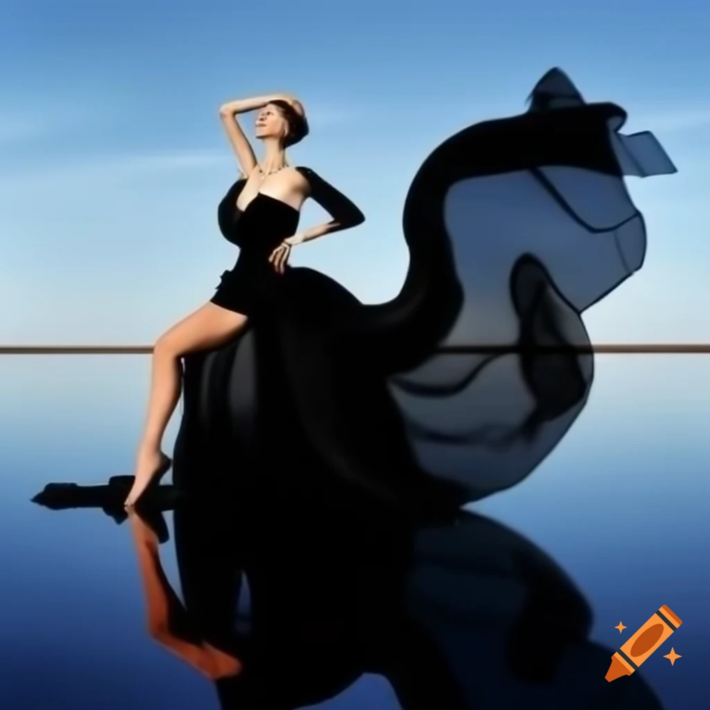 Elegant fashion art portrait of a woman in black gown on reflective ...