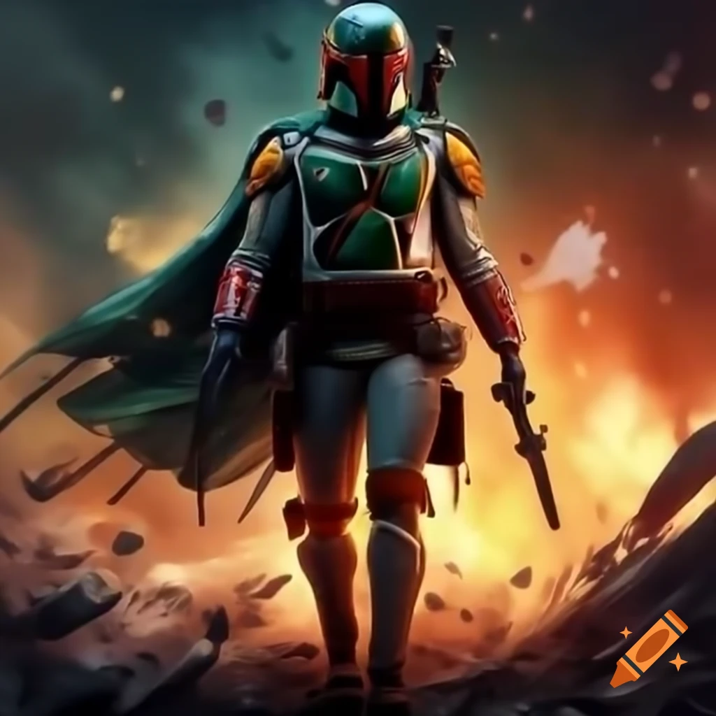 Boba fett walking away from explosion while holding a gun on Craiyon